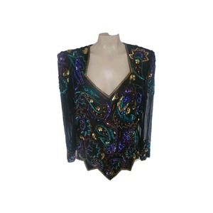 SCALA Beaded Silk Sequin Beaded Short Sleeve Blouse XXL Formal Wedding Momcore
